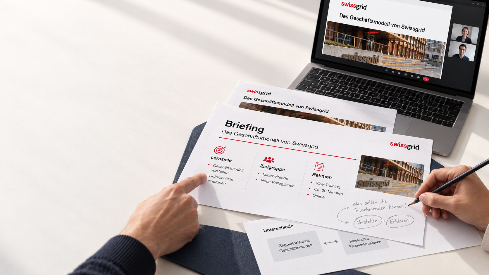 KI-generierte Visualisierung: Swissgrid-Briefing mit Lernzielen, Notizen und einem Laptop mit Videobesprechung.
