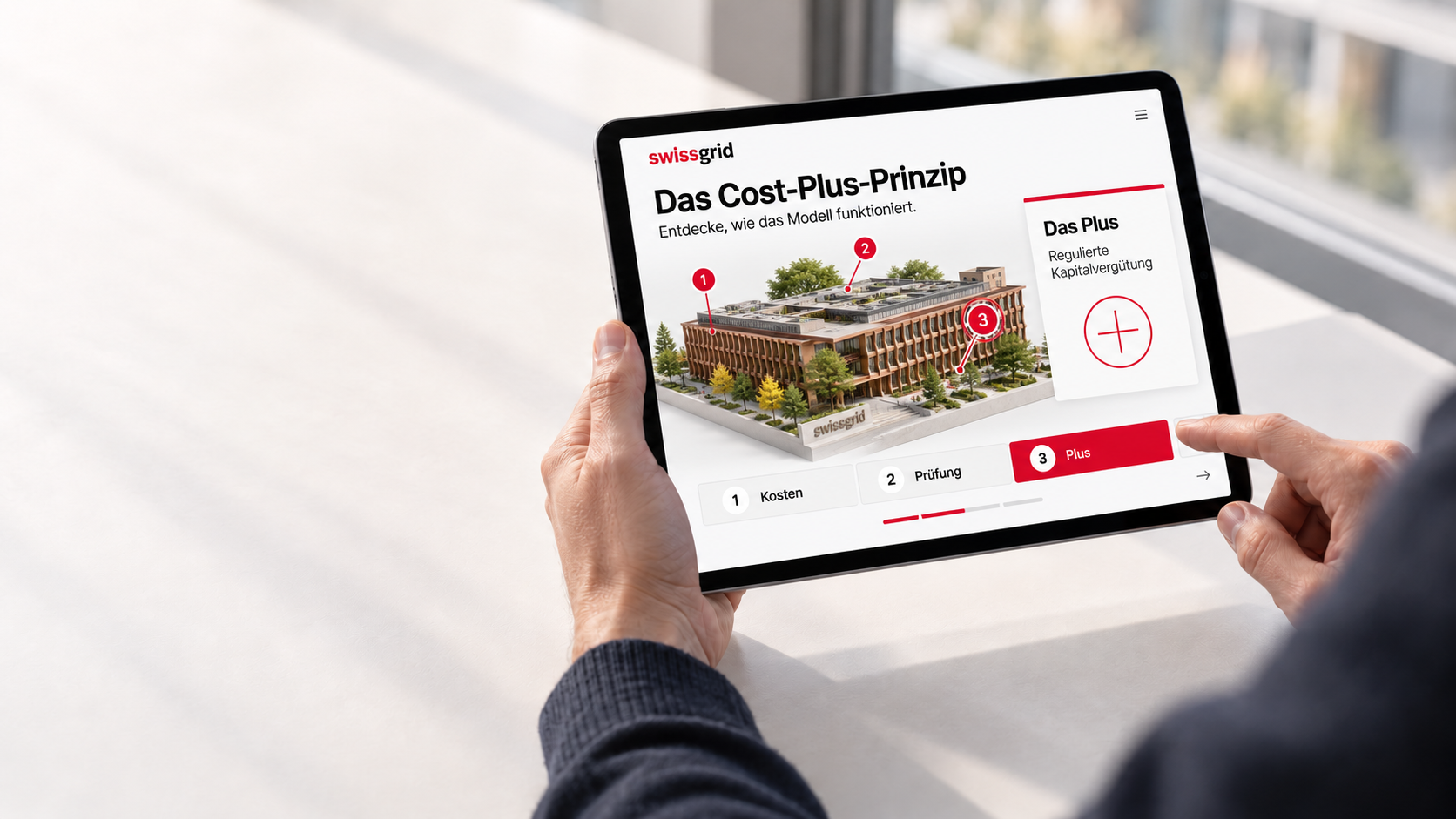 KI-generierte Visualisierung: Eine Person erkundet eine aufbereitete Swissgrid-Interaktion auf dem Tablet.