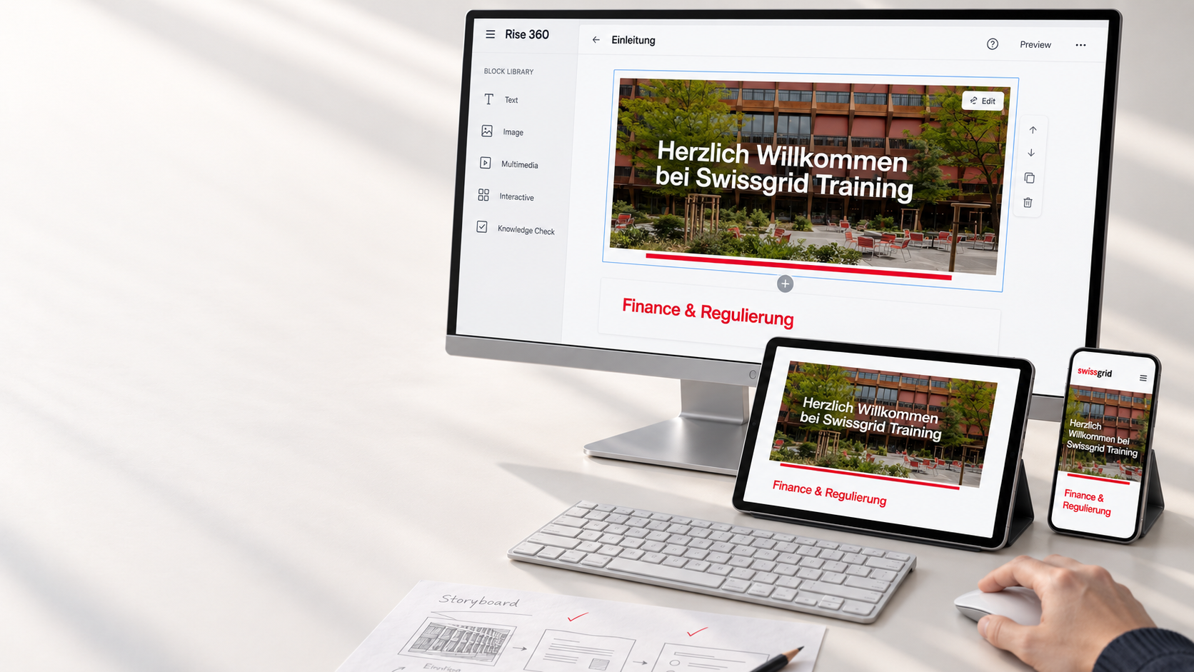 KI-generierte Visualisierung: Swissgrid-Training in der Produktion mit Ansichten auf Monitor, Tablet und Smartphone.